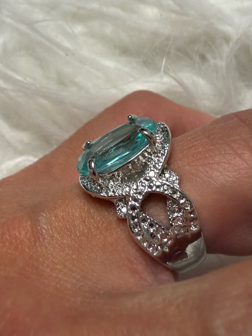 Silver Halo Ring with Teal Gemstone - Women Jewelry